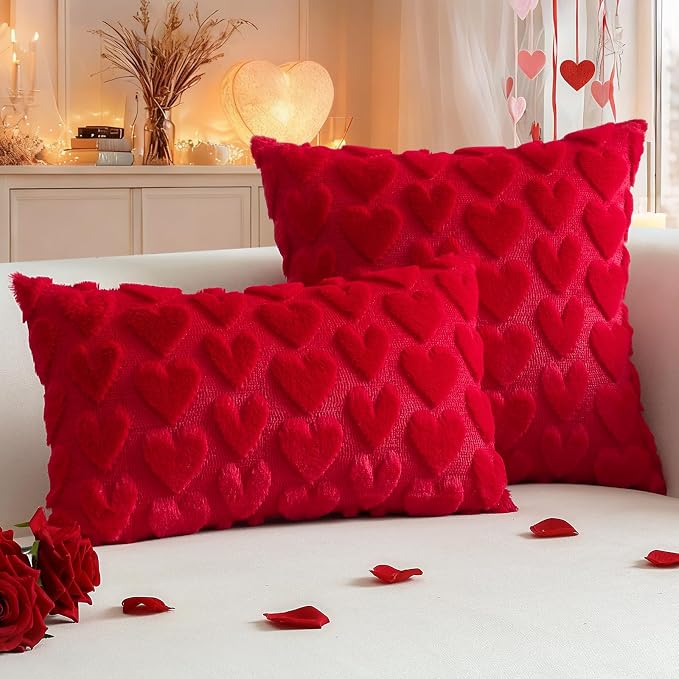 Artscope Valentines Pillow Covers 20x20 Set of 2 Decorative Love Heart Valentines Day Throw Pillow Cases Soft Plush Faux Fur Couch Cushion Case for Holiday Sofa Bed Room Home Decor-Red Heart