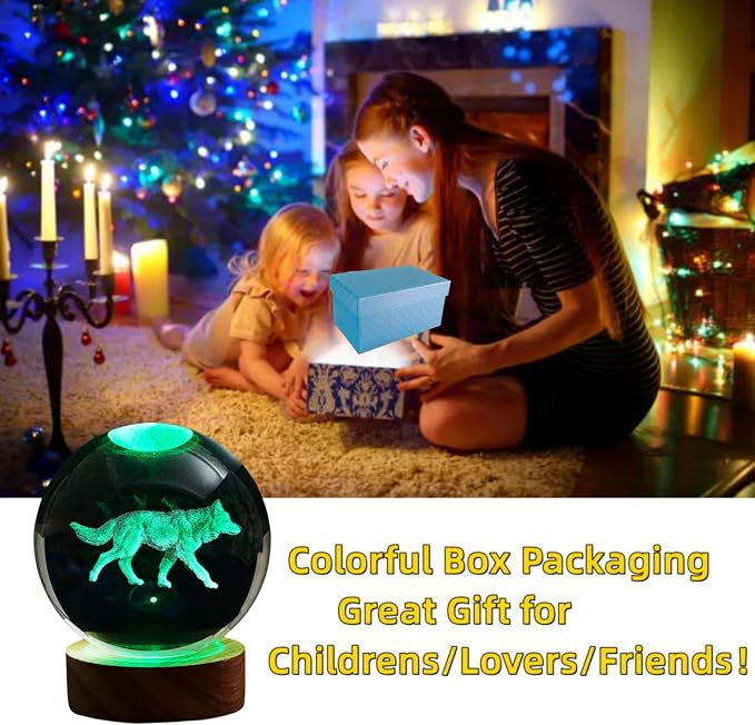 3D Crystal Ball Lamp, Upgraded 3.15 Inch Wolf Crystal Ball Night Light with 16 Colors LED, Wooden Base, Remote Control, Gift Box Packaging, Home Decor Gift