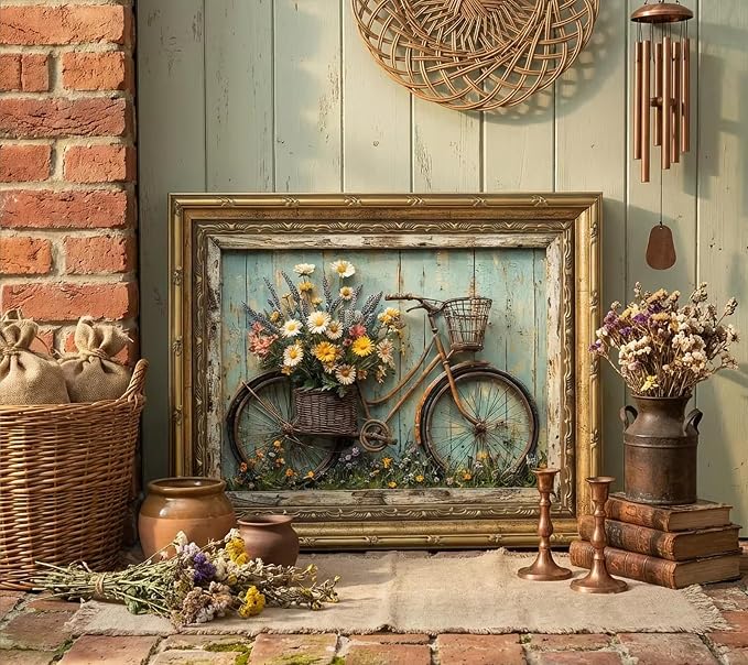 Gold Framed Rustic Farmhouse Daisy Floral Wall Art Vintage Bicycle Flower Painting Picture Canvas Wall Decor Country Still Life Poster Print for Bathroom Living Room Bedroom Home Decoration 12x16in