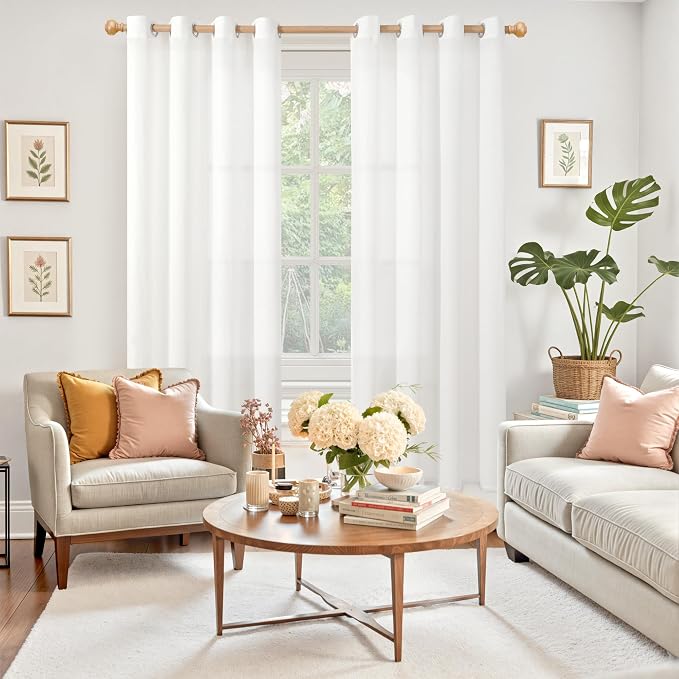 YoungsTex 72 Inch Length White Linen Semi Sheer Curtains for Living Room, Light Filtering Textured Drapes with Grommet Lightweight for Bedroom Dining Room, 2 Panels, 52 X 72 Inch