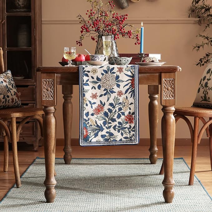 Patdrea Designer Vintage French Linen Table Runner,12"X87"-Ivar A | Elegant Tablerunner 87 Inches Long,Blue and White Floral Pattern,Decor Runner for Dining Room Living Room Banquet