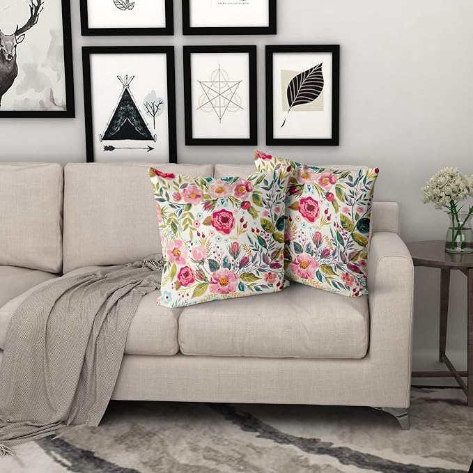 Spring Summer Flower Throw Pillow Covers 24x24 Inch Watercolor Peony Pillowcase Hot Pink Floral with Green Leaves Girly Decorative Square Cotton Cushion Cover Set of 2 for Home Garden Outdoor Bed