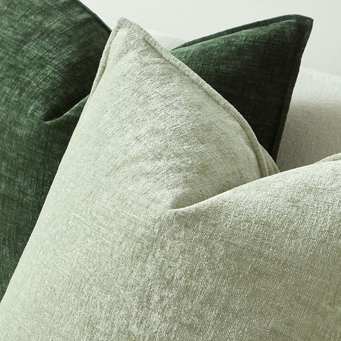 24x24 Chenille Decorative Throw Pillow Covers Case Set of 2,Light Green | JUSPURBET Cozy Soft Cushion Covers with Invisible Zipper for Couch Sofa Bed Home Decor Living Room