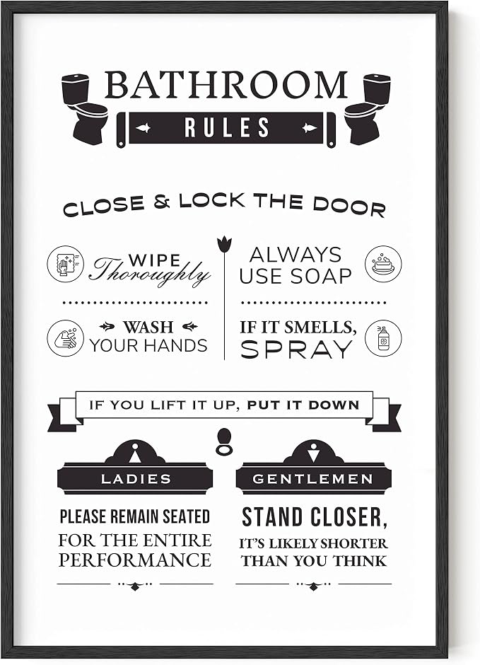 HAUS AND HUES Funny Bathroom Rules Wall Art – Toilet Rules Poster, Humorous Bathroom Sign, Funny Wall Decor for Restroom or Guest Bath (24x36, Unframed)