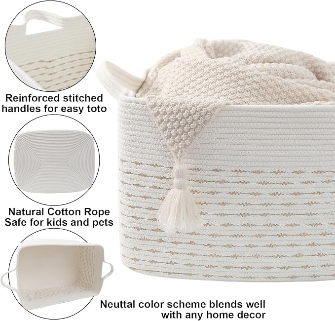 65L Large Laundry Basket with Handles,Woven Blanket Basket,Yellow | 21"×16"×12" Collapsible Cotton Rope Storage Basket for Toys Clothes & Pillows, Nursery, Bathroom, Bedroom, Living Room