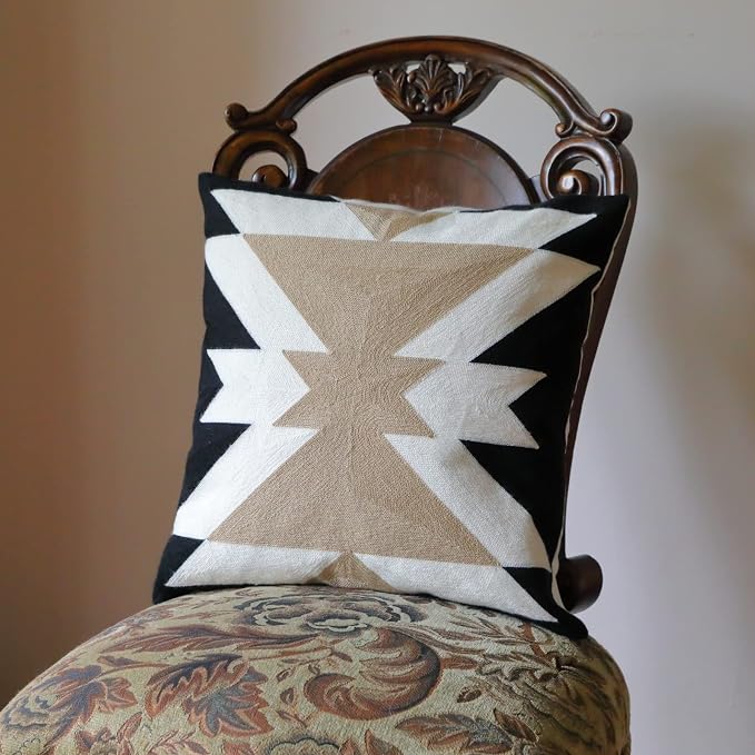 IKATYARN Black White Coffee Aztec Embroidery Throw Pillow Cover,Boho Tribal Geometric Pillowcase, Modern Farmhouse Brown Cushion Case for Couch Sofa Bed, 16"x16"
