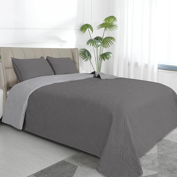 Easy-Going Reversible Quilt Set Twin, Bedspread with 1 Shams | Olive leaf-Gray/Light Gray, Lightweight Microfiber Bed Comforter, 1 Quilt + 1 Pillow Shams, All-Season Coverlets for Bedroom