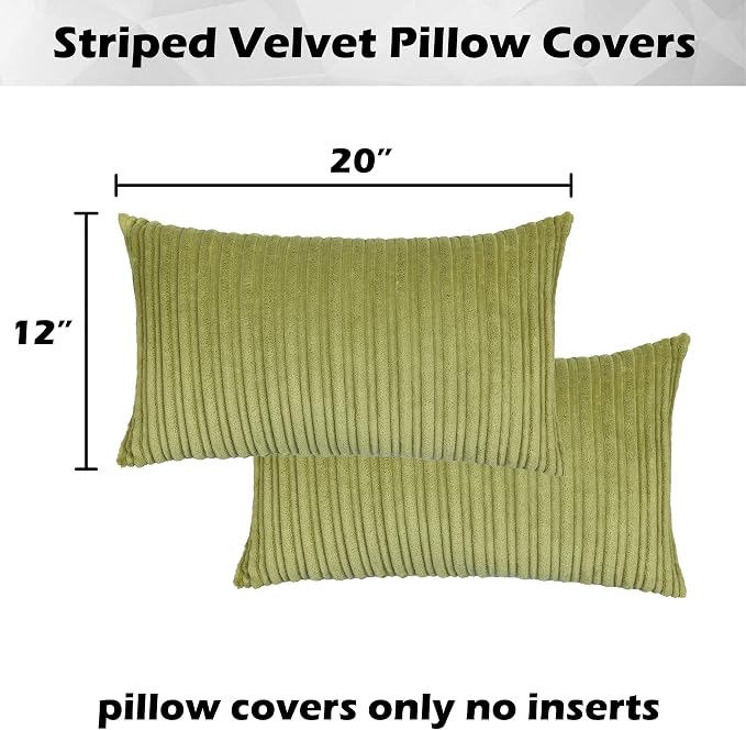 Kevin Textile Striped Corduroy 12”x20” Pillow Covers 2 Pack, Green