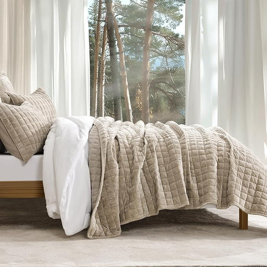 RECYCO Channel Box Stitch Velvet Quilt Set, Twin/Twin XL Size, Urban Taupe | Ultra Soft Lightweight Velvet Comforter, Luxury Oversized Bedspread Coverlet, Quilted Bedding Set for All Season with 1 Sham
