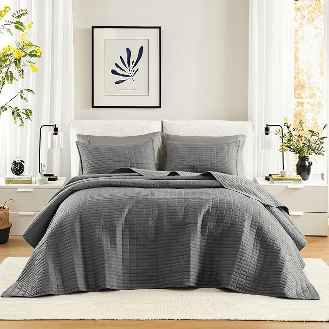 Comfort Spaces Oversized Bedspread King Quilt Set 3 PC 120 x 118 Charcoal | Coverlet for Summer Soft Cozy Lightweight All Season Quilted Extra Layer with Matching Sham, Bedroom Decor OEKO-TEX Certified