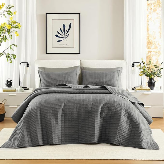 Comfort Spaces Oversized Bedspread King Quilt Set 3 PC 120 x 118 Charcoal | Coverlet for Summer Soft Cozy Lightweight All Season Quilted Extra Layer with Matching Sham, Bedroom Decor OEKO-TEX Certified