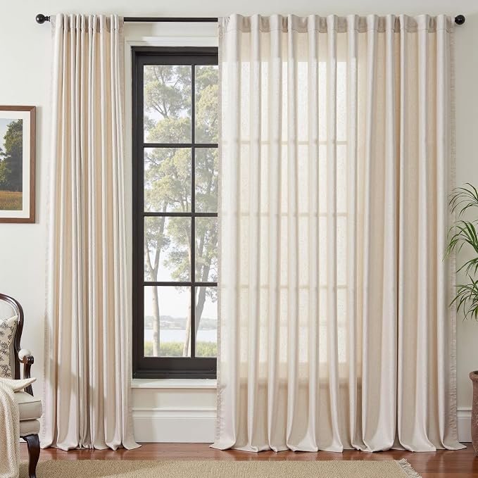 jinchan Linen Curtains Light Filtering Back Tab 100x120 Inch 1 Panel Beige | Semi Sheer Curtains 120 inch length for Bedroom Living Room, Modern Farmhouse Drapes with Rod Pocket, Natural Boho Curtains
