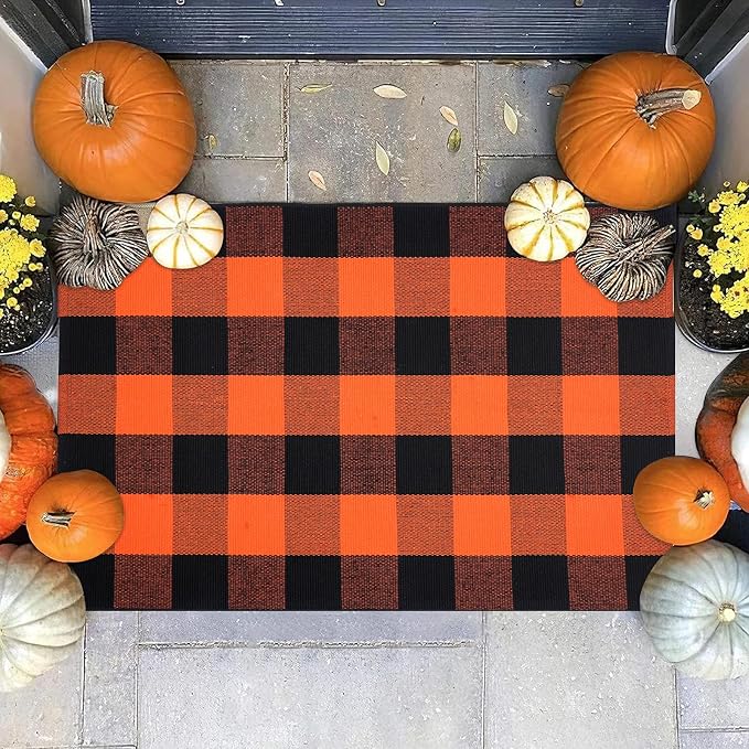 Buffalo Plaid Area Rug 27.5x43 in, Orange Black Indoor Outdoor Rug | Cotton Blend, Orange and Black Checkered, Machine Washable, Front Porch Entryway, Kitchen Bathroom