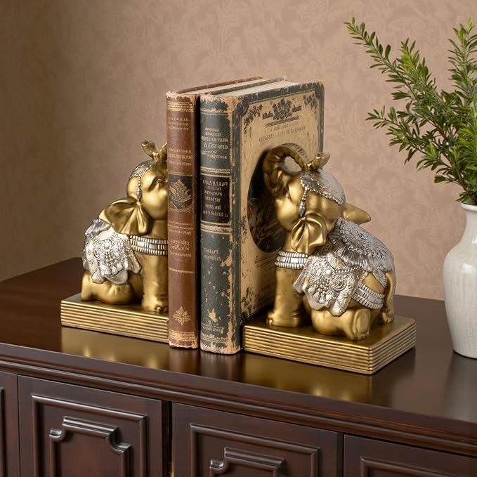 Elephant Book Ends for Shelves, Vintage Decorative Bookends, Book Holders with Anti-Slip Pad for Book Lovers Heavy Book Stopper for Home Office Decor (Gold)