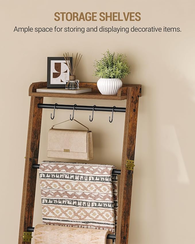Hzuaneri Blanket Ladder Shelf, Farmhouse Ladder Holder, Blanket Organizer | 7-Tier Decorative Quilt Rack with 4 Removable Hooks 7.9" D x 17.3" W x 66.9" H, Rustic Brown BR36801B