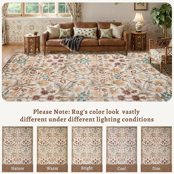 Ciicool Large 5x7 Area Rugs for Living Room Floral Boho Washable Rug | Soft Low-Pile Carpet for Bedroom Dining Room Kids Nursery Home Office Playroom Carpets Decor
