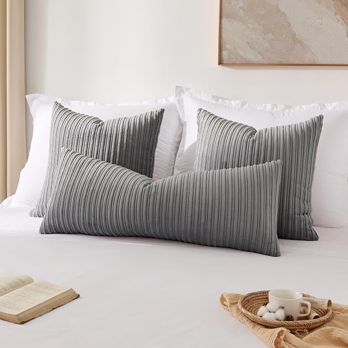 Kevin Textile Striped Corduroy 14”x36” Pillow Cover 1 Pack, Light Grey