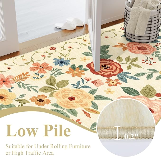DUKINO 5x7 Area Rug Floral Washable Living Room Rug Non Slip Beige Yellow | Soft, Low Pile, Stain Resistant Indoor Rug for Bedroom, Dining Room, Office, Pet Friendly, Lightweight, Modern Home Decor