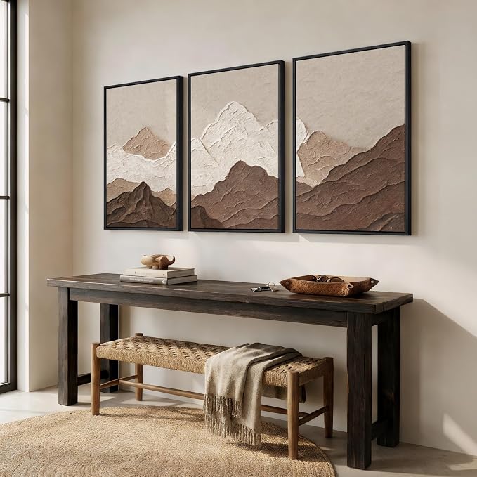 Framed Brown Abstract Mountain Wall Art for Living Room, 3 Piece, 24x36 In | Neutral, Landscape, Minimalist, Scenic, Modern, Mountain print, Earth tone, Bedroom decor, Home office, Hallway, Wood frame