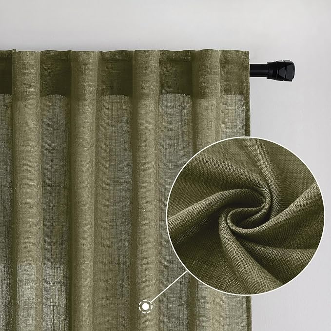 MIULEE Light Olive Green Linen Curtains 52x108 Inch 2 Panels for Bedroom | Living Room, Soft Linen Textured Natural Window Drapes, Semi Sheer Light Filtering, Back Tab Rod Pocket, Burlap Look Decor