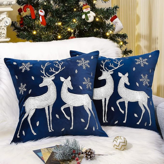 Lewondr Christmas Throw Pillow Cover, White Deer Snowflake, 18"x18", 2 Pack | Navy Blue, Soft Velvet, Embroidery Decorative, Luxurious Sofa Cushion Cover, Home Christmas Decoration