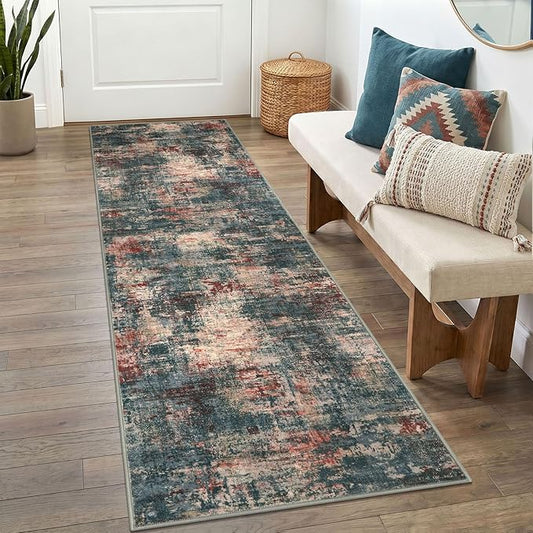 Lansny Abstract Washable 2x6 Hallway Runner Rug Non Slip Kitchen Runner | Red/Multi;Thin Printed Faux Wool Rug Runners;Entryway Runner Indoor;Rubber Backed 6ft Carpet Runners for Hall;Bedroom Runner