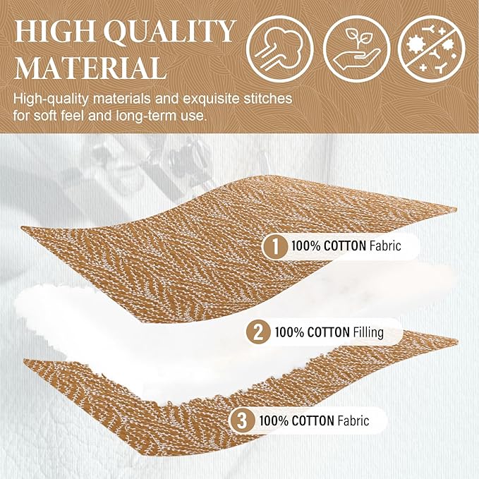 SahSahCasa Quilt Set Queen Size, 100% Cotton Quilt Bedding Set Bedspread, Botanical Pattern Solid Color Chic Lightweight Quilted Comforter for Queen Bed, White/Caramel, All Season, 3 Pieces