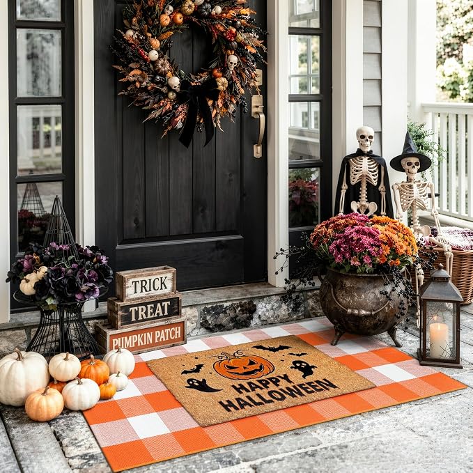 LEEVAN Halloween Outdoor Buffalo Plaid Door Mat Fall Decor Entryway Rugs | 2x4.3 Orange and White Autumn Washable Front Porch Door Mat, Small Farmhouse Layered Checkered Rug for Kitchen Patio Bathroom