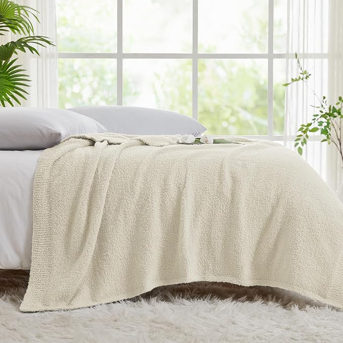 CYMULA Super Soft Twin Size Beige Knit Throw Blanket - Lightweight Plush Fuzzy Fluffy Warm Cozy Blankets and Throws for Sofa Bed All Season Use, 60x80 inches
