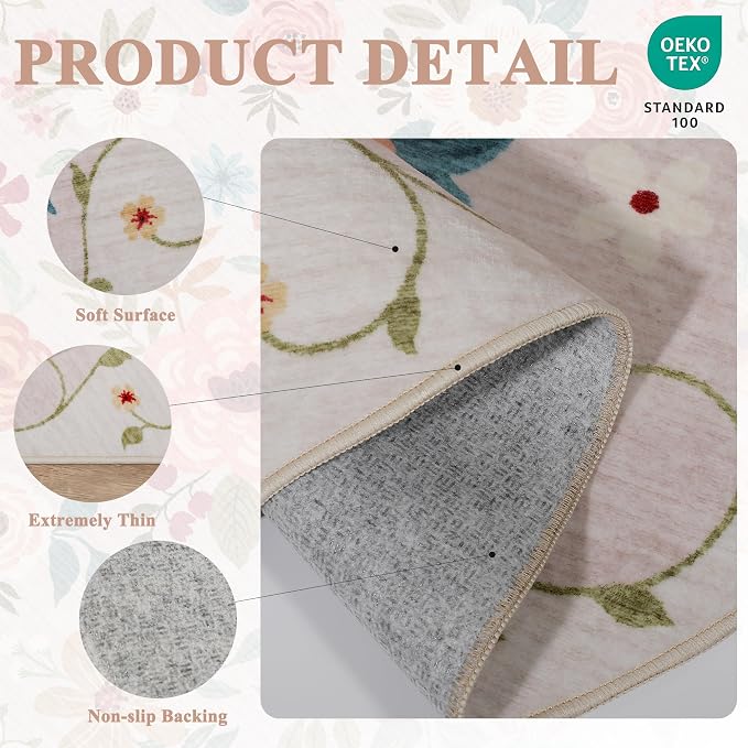 DUKINO 4x6 Area Rug, Floral Washable Rug Non Slip Office Chair Mat, Beige | Low Pile, Stain Resistant, Soft Indoor Rug for Bedroom, Living Room, Dining Room, Kids Room, Pet Friendly, Modern Home Decor