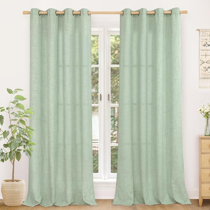 YoungsTex Sage Green Curtains, Linen Semi Sheer Drapes 84 Inch Long 2 Panel | Light Filtering with Grommet Window Treatments for Dining Bedroom Living Room, 52 X 84 Inch