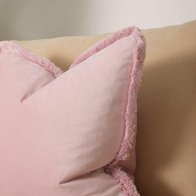 JUSPURBET Pink Decorative Velvet Fringe Throw Pillow Covers 24x24 Set of 2 Boho Soft Cushion Case for Home Decor Living Room Couch Sofa Bed