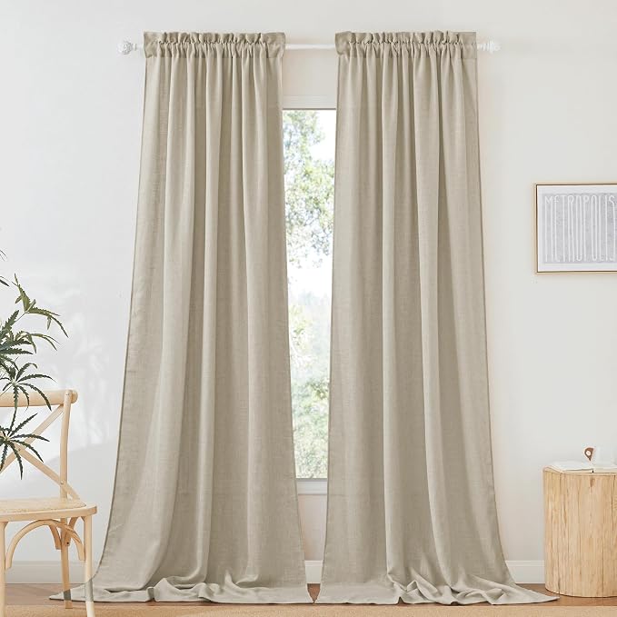 RYB HOME Semi Sheer Curtains - Linen Sheer Curtains Privacy Window Decor for Living Room Home Office Cafe Bay Window, Beige, 52 x 108 inch Long, 2 Pcs