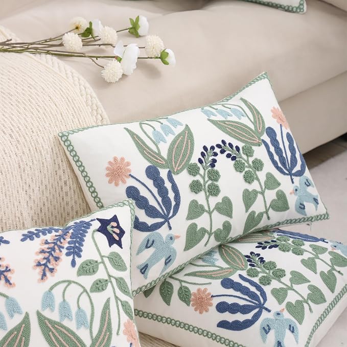 Embroidered Throw Pillow Covers 12x20 inch Set of 2 Blue Birds | Durable Fabric,Lumbar Pillow Cover,Boho Decorative,Hidden Zipper,Aesthetic Design,Ideal Gift,Machine Washable