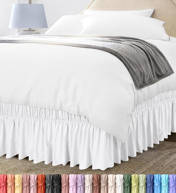 Wrap Around Queen Bed Skirt, Easy Fit Elastic Belt, 16 Inch Drop, White | No Mattress Lifting, Stay-Put Design, Adjustable Buckle & Elastic Belt, Wrinkle & Fade Resistant, Brushed Microfiber