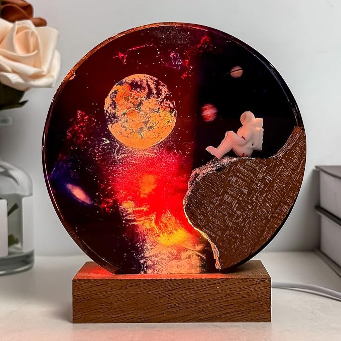 Handmade Galaxy Resin Lamp with Wooden Base