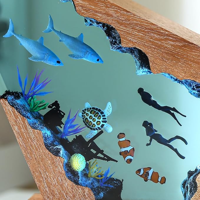 Handcrafted Shark Resin Ocean Lamp with Wooden Base