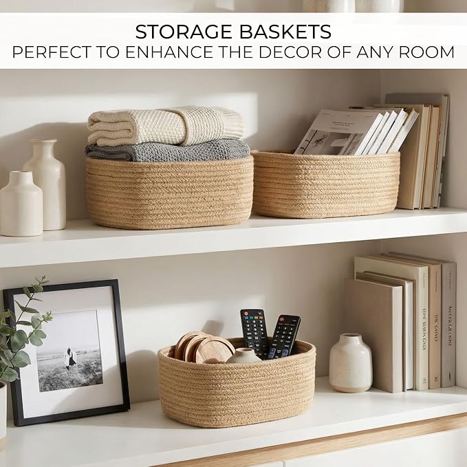 Beautiful Storage Basket Set of 3 - Sturdy Jute Rope Baskets for Shelves | Perfect for Organizing Your Home - Quality Storage Bins Easily Fit with Any Nursery or Bedroom Decor