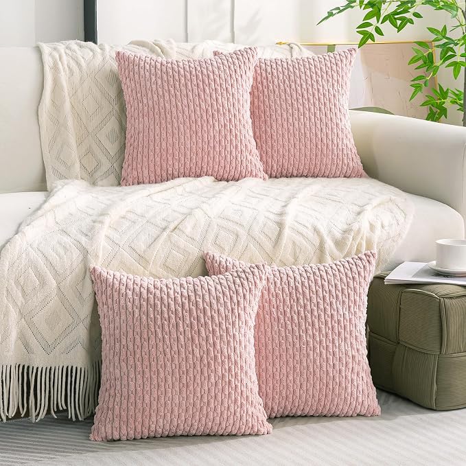 Set of 4 Light Pink Decorative Throw Pillow Covers 26x26 Inch Corduroy Pillow Covers for Bed Couch Sofa Living Room Soft Square Cushion Cases