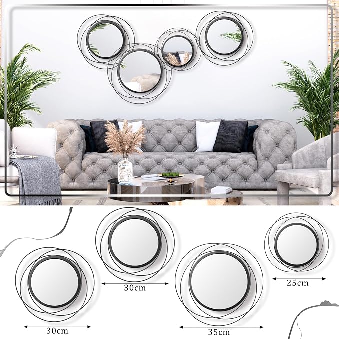 Hicarer 4 Pcs Decorative Round Modern Circle Mirror Wall Art Ring Metal Mirror Wall Mounted for Bedroom, Living Room, Entryway, Dining Room, Hallway (Black)
