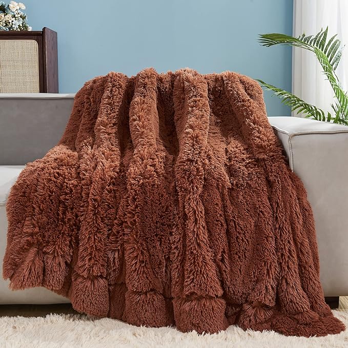 GONAAP Fuzzy Faux Fur Twin Blanket for Couch, Coffee, 60"x80" | Warm Cozy Plush Shaggy Decorative Reversible Thick Non-Heated Fleece Blanket for Sofa Bed, Gift for Women Men, All Season Use