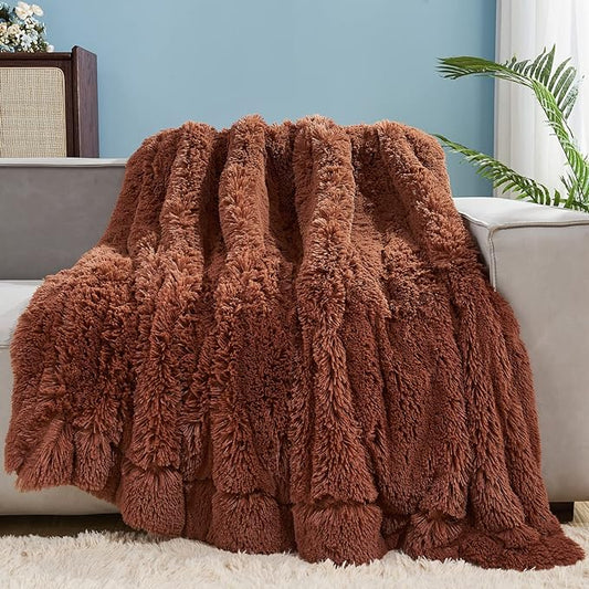 GONAAP Fuzzy Faux Fur Twin Blanket for Couch, Coffee, 60"x80" | Warm Cozy Plush Shaggy Decorative Reversible Thick Non-Heated Fleece Blanket for Sofa Bed, Gift for Women Men, All Season Use