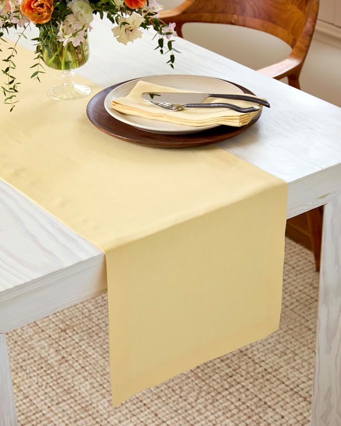 Solino Home 100% Pure Linen Table Runner Golden Straw, Fete 14 x 156 in | brings a tailored look to family meals and hosting, European flax fibres, handloomed texture, soft, fine, OEKO-TEX Certified