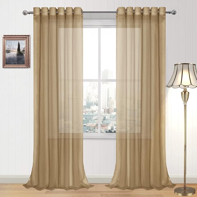 DWCN Semi Sheer Curtains, Grommet Top Window Drapes for Bedroom & Living Room, Faux Linen Look Voile Transparent Solid Curtains Set of 2 Panels 70 x 95 Inches Long, Taupe