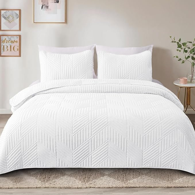 Exclusivo Mezcla Ultrasonic Twin Quilt Bedding Set, White | Lightweight Bedspreads, Soft Microfiber, Modern Geometric Coverlet, All Season Bed Cover, 1 Quilt and 1 Pillow Sham