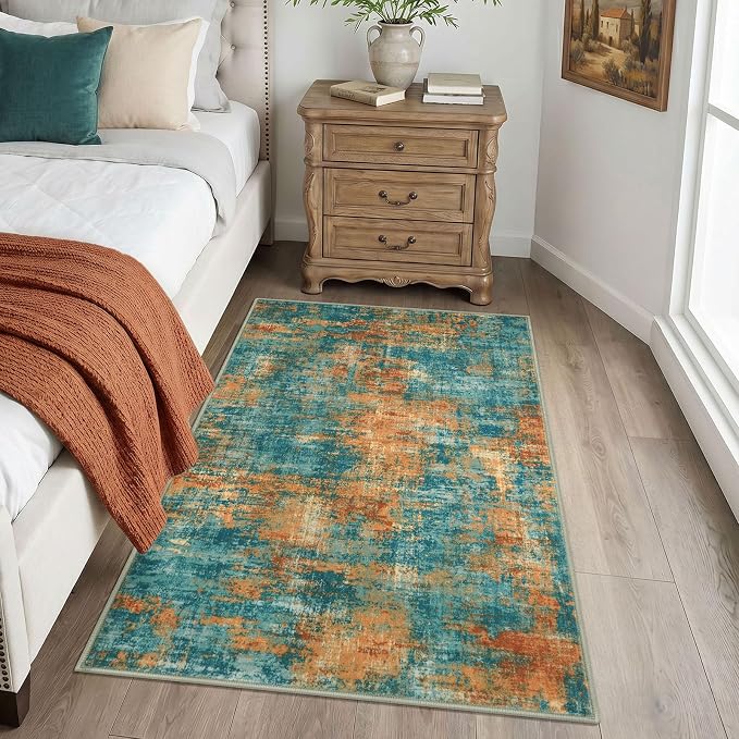 Lansny Abstract Washable Entryway Rug 3x5 Area Rug Non Slip Kitchen Rugs | Teal/Orange;Thin Printed Faux Wool Door Mat;Front Door Rug;Indoor Entry Rug;Rubber Backed Floor Carpet;Throw Rugs