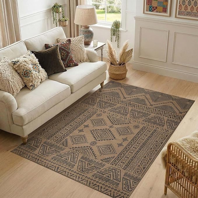 jinchan 5x7 Faux Jute Area Rug Washable Boho Living Room Rug, Charcoal | Southwestern Geometric, Non-Slip, Low Pile, Indoor Outdoor, Natural Fiber Look, Dining Room, Deck, Backyard, Bedroom, Patio