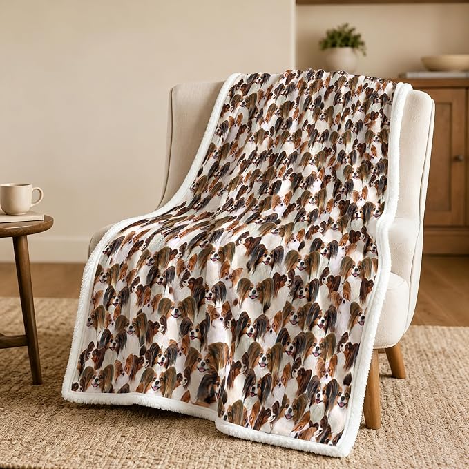 BlessLiving Throw Blanket, Brown Dog Animal Gift, 50x60 in | sherpa fleece fabric, Papillon Dense Pet Blankets Puppy Lovers print, for couch or sofa, pet lovers, easy machine care