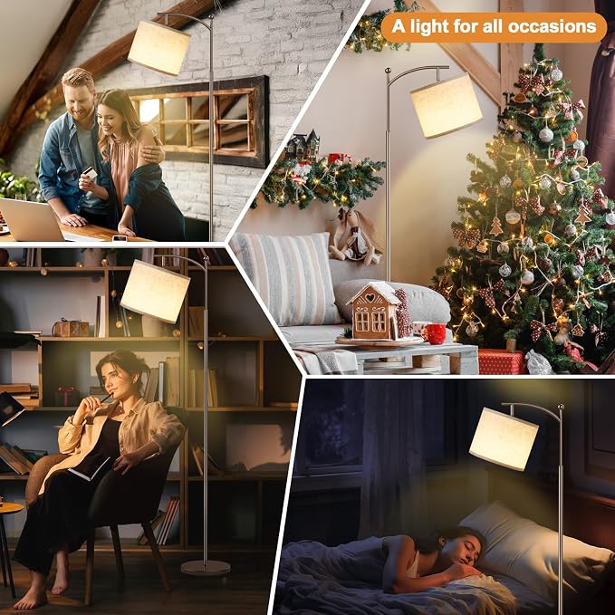 Ambimall 60" Floor Lamp for Living Room with 3 Color Temperatures, Adjustable Beige Shade with Brown Pole, Tall Lamp for Bedroom Office Classroom Dorm Room, 9W Bulb Included