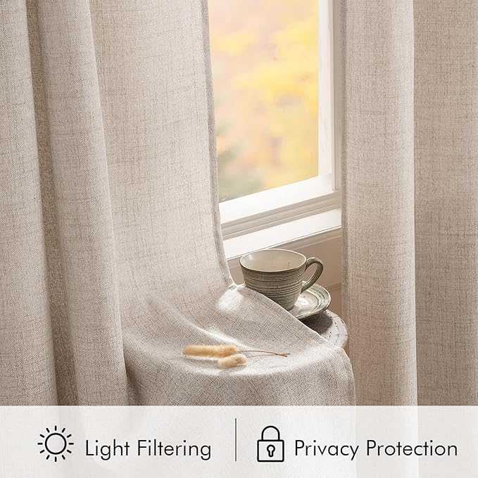 MIULEE Faux Linen Curtains 90 Inch Length 2 Panels Natural Semi Sheer Curtain with Back Tab Rod Pocket, Light Filtering Window Privacy Burlap Drapes for Living Room Bedroom 42W x 90L Linen